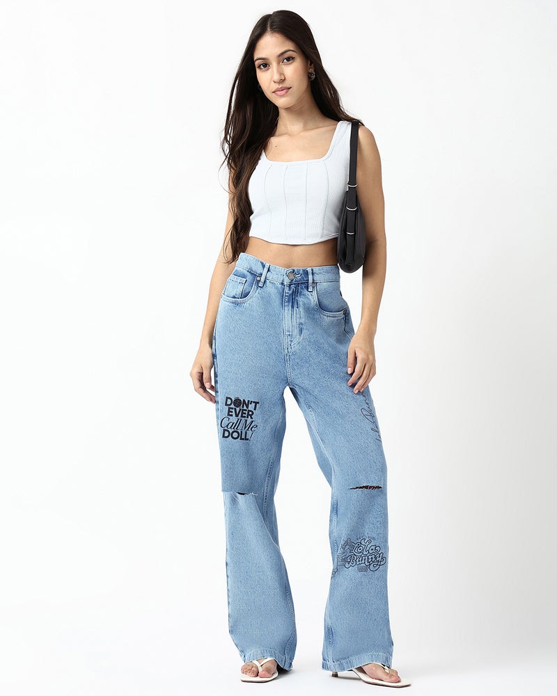 bewakoof Women's Light Blue Washed Straight Fit Distressed Jeans - Image 4